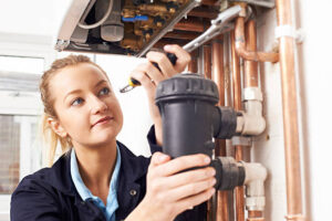 Home female plumber working on central heating boiler